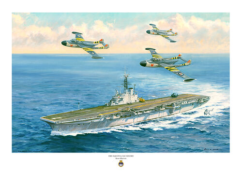 Painting of HMS ALBION turning to starboard with three Venom aircraft flying over