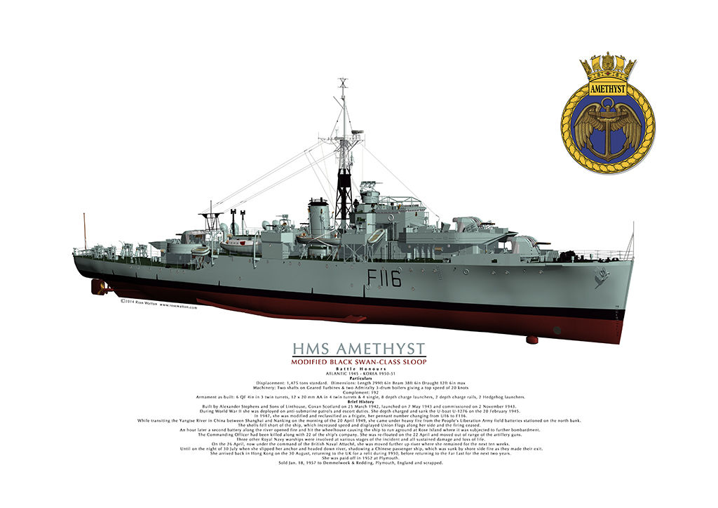 HMS Amethyst starboard bow view of complete ship with the ship's crest in the top right corner.