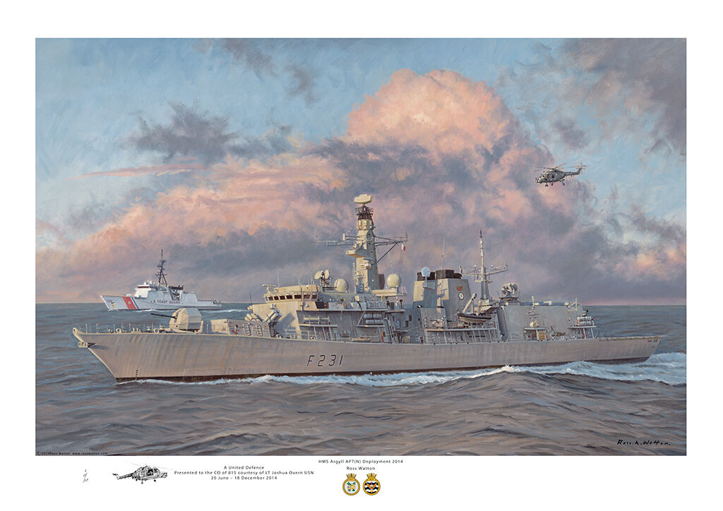 HMS Argyll as in 2014 with big stormy clouds caught by the evening sun and US Coastguard vessel behind.