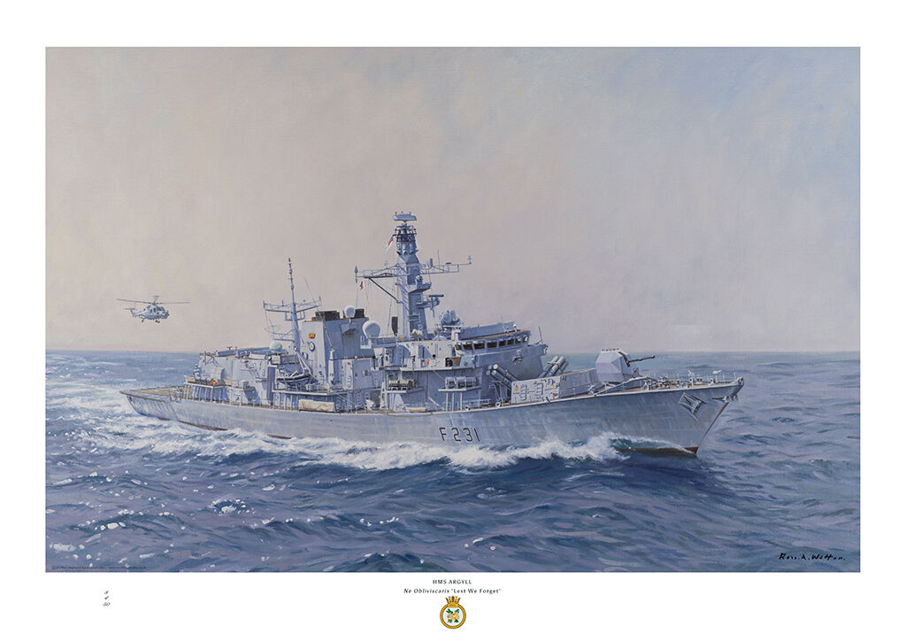 HMS Argyll as in 2011 against a bright sky and blue sea with Lynx helicopter about to land on deck.