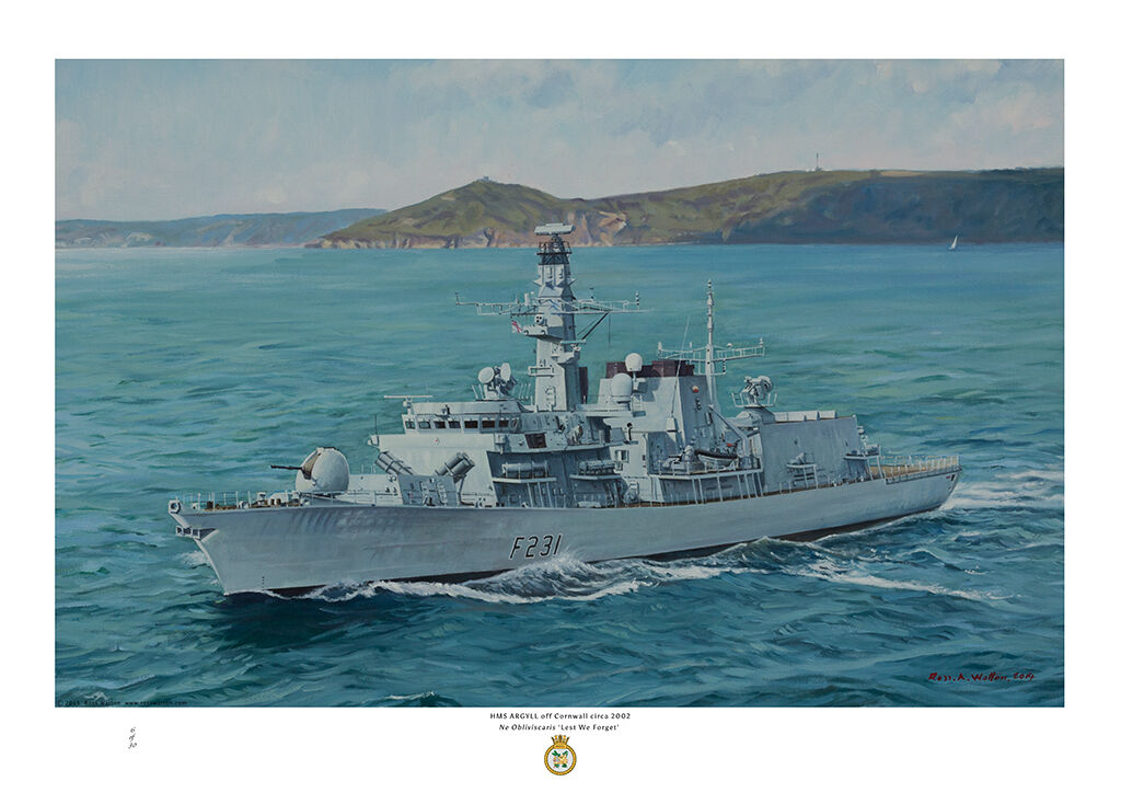 HMS Argyll as in 2002 with Cornish coast in the background on a sunny day.