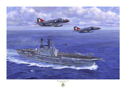 HMS Ark Royal HMS Ark Royal at speed in a blue sea with two F4 Phantom jets overhead as viewed for the starboard bow.