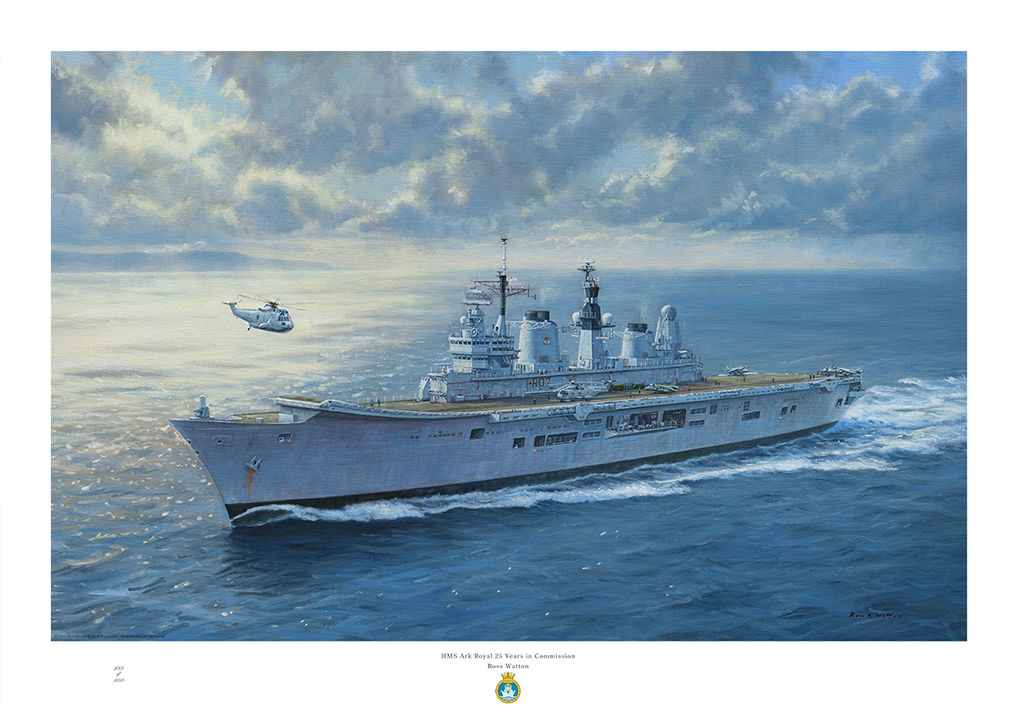 HMS Ark Royal at sea looking at the port bow with sunlight breaking through the clouds