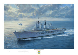 HMS Ark Royal 25 Years in Commission HMS Ark Royal at sea looking at the port bow with sunlight breaking through the clouds
