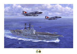 HMS Ark Royal & Phantoms FG1 of 892 NAS HMS Ark Royal at speed in a blue sea with two F4 Phantom jets overhead as viewed for the starboard bow.