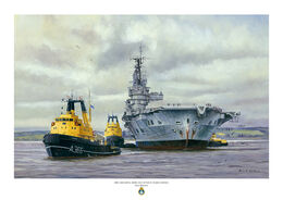 HMS Ark Royal Bows Out After 25 Years in Service HMS Ark Royal with tugs towing her away for scrap viewed bow on.