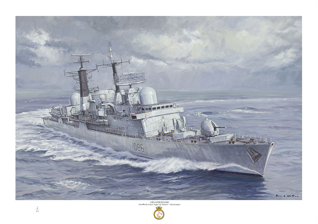 HMS Birmingham turning at speed in a grey sea and sky starboard bow view.