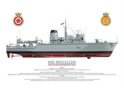HMS Brocklesby full starboard side hull view with ship's details and crest.