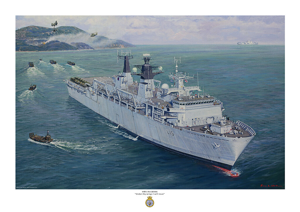 HMS Bulwark LPD deploying landing craft toward an island on fire.