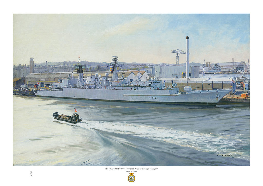 HMS Campbeltown alongside at Devonport dockyard in early morning light and landing craft passing.