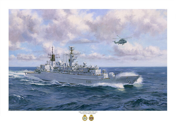 HMS Campbeltown at speed with Lynx helicopter airborne