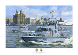 HMS Charger with HMS Raider on the Mersey with the Liver building behind.