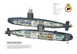 HMS Conqueror (cutaway) showing the internal fittings of the submarine.