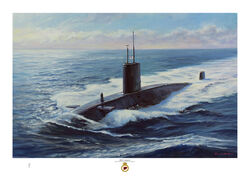 HMS Conqueror at sea on the surface with sun illuminating the water and there large wake.