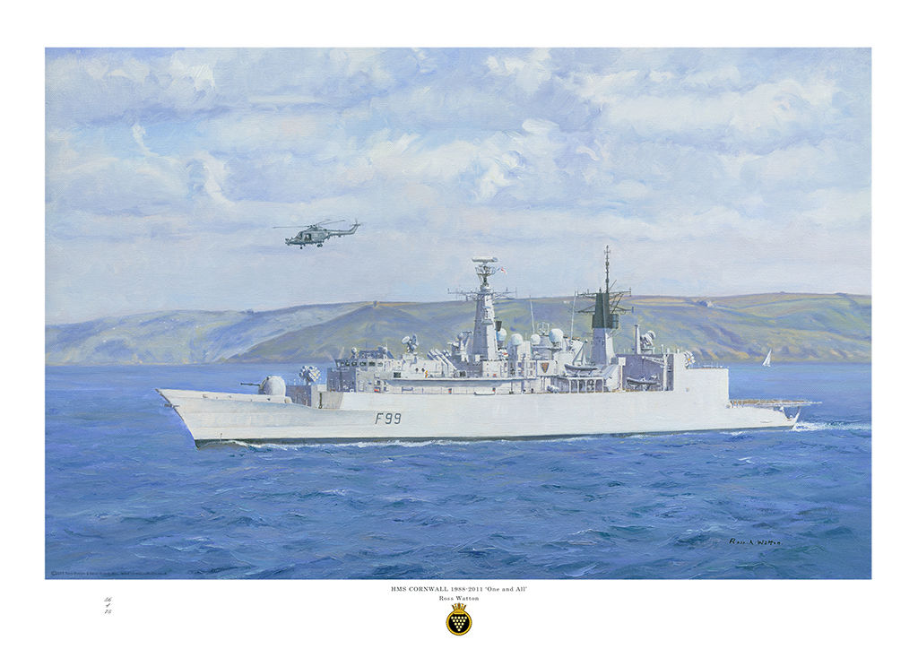 HMS Cornwall ay sea off Cornwall with bright cloudy sky and rich blue sea and Lynx helicopter over.