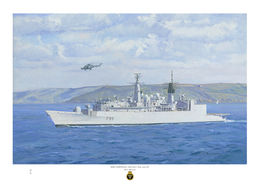 HMS Cornwall HMS Cornwall ay sea off Cornwall with bright cloudy sky and rich blue sea and Lynx helicopter over.