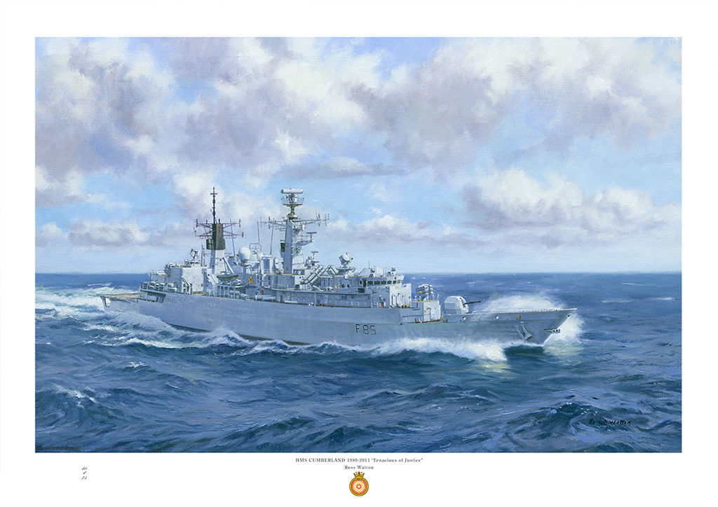 HMS Cumberland crashing through heavy sea with scudding clouds in a bright blue sky.
