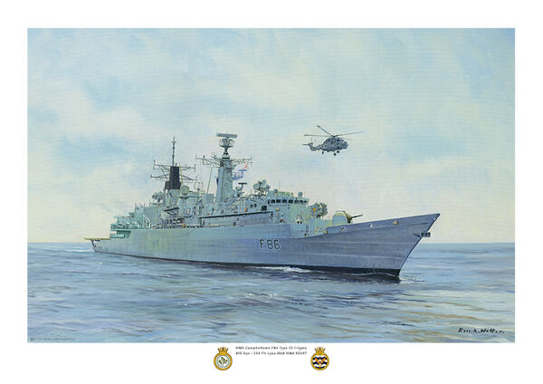 HMS Campbeltown starboard bow view, with Lynx helicopter overhead.