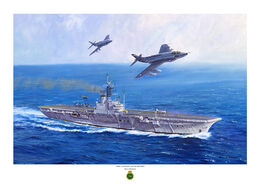 HMS Centaur & Scimitars HMS Centaur sailing through a deep blue sea with two Scimitar jet aircraft flying overhead.