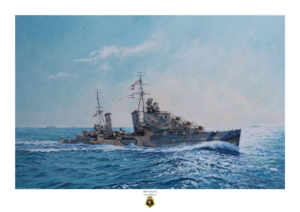 HMS Cleopatra Cruiser escorting a convoy in the Mediterranean Sea with sparkling light on the waves.