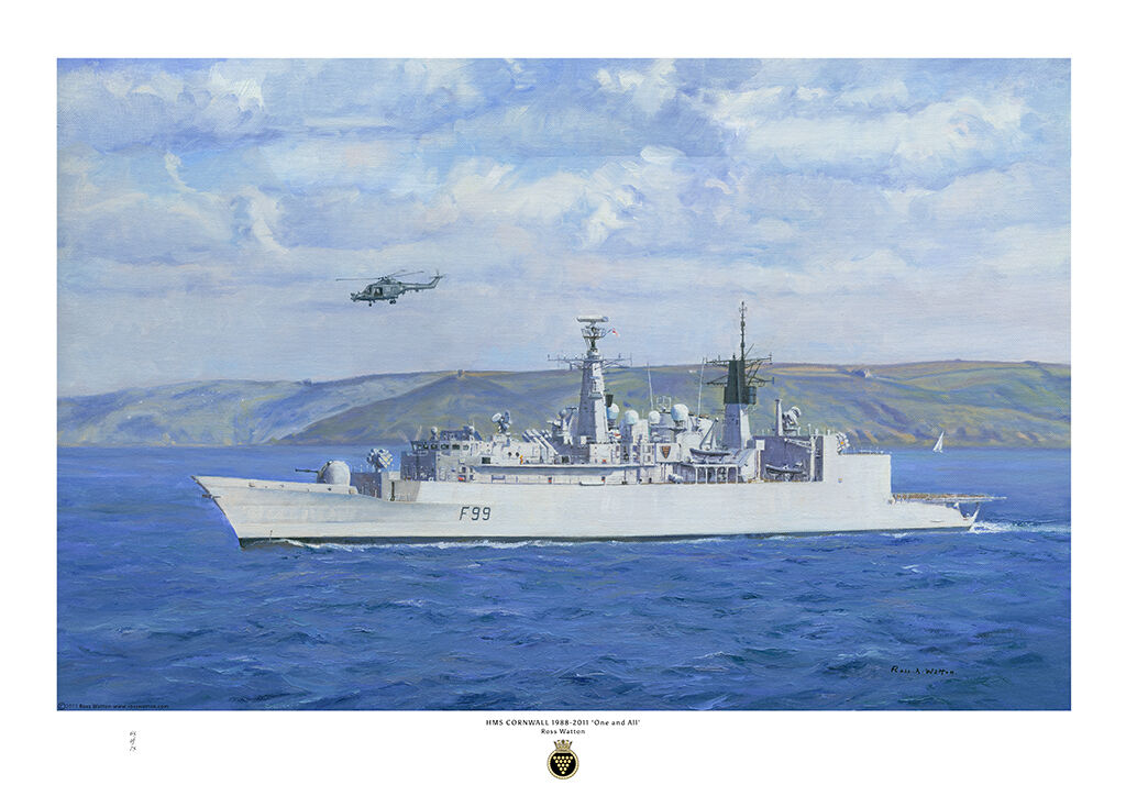 HMS Cornwall ay sea off Cornwall with bright cloudy sky and rich blue sea and Lynx helicopter over.