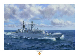HMS Cumberland HMS Cumberland crashing through heavy sea with scudding clouds in a bright blue sky.