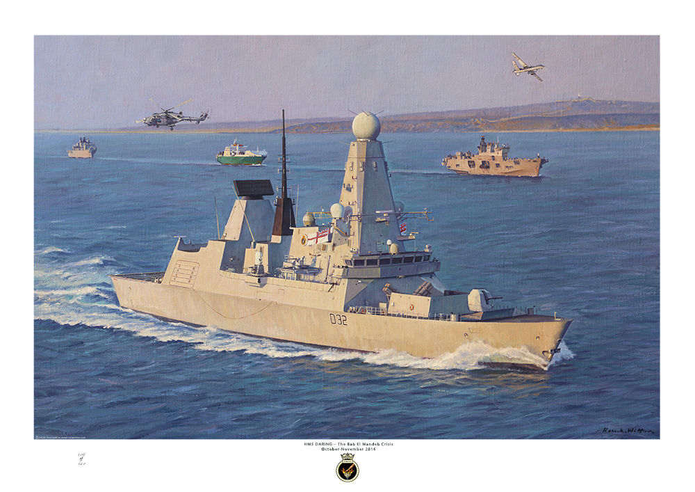 HMS Daring with HMS Ocean and Albion in the sun and a Lynx helicopter airborne.