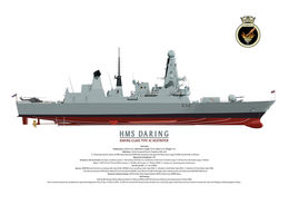 HMS Daring HMS DARING destroyer starboard side showing ship's crest and underwater.