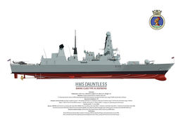 HMS Dauntless HMS Dauntless Type 45 starboard side view with crest and lynx helicopter on stern.
