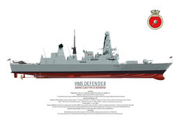 HMS Defender HMS Defender Type 45 destroyer starboard side showing propellers and ship's crest.