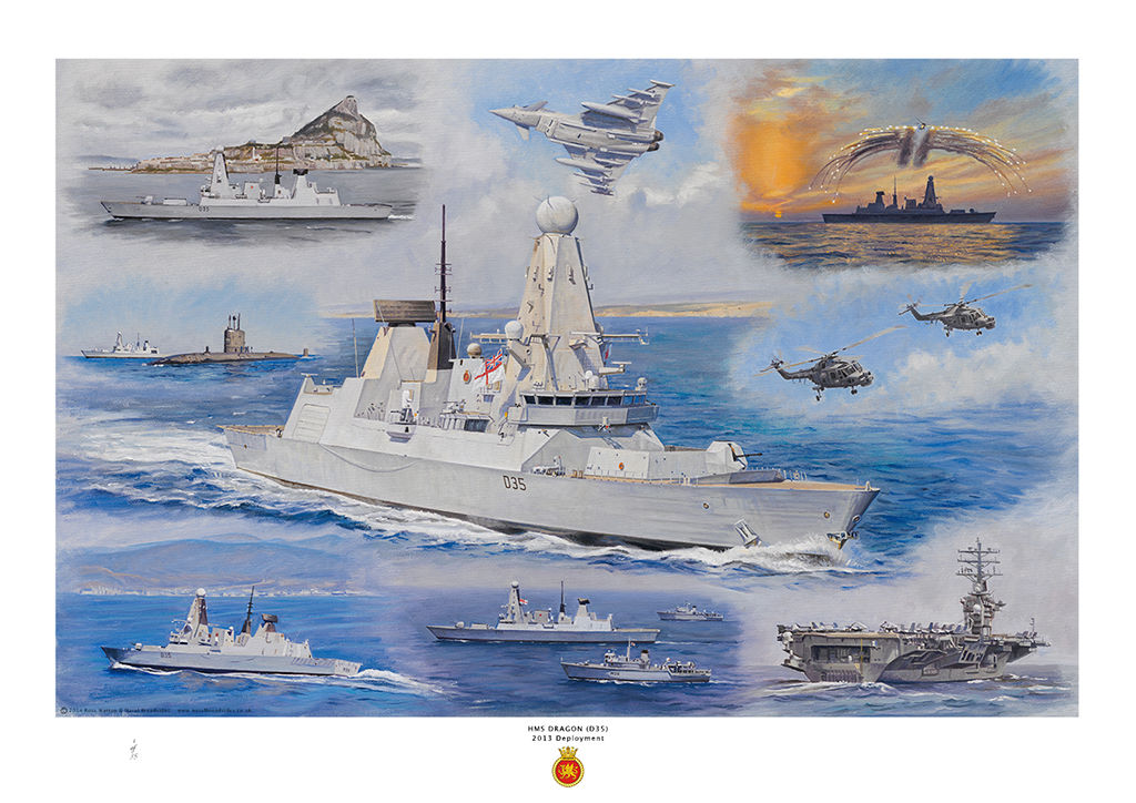 HMS Dragon in the centre with various images of her activities around including the USS Nimitz