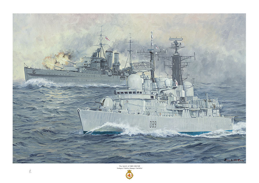 HMS Exeter D86 with the World War two cruiser behind firing her guns.