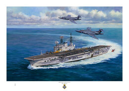 HMS Eagle & Buccaneers HMS Eagle turning to starboard with two Buccaneer jet aircraft flying over.