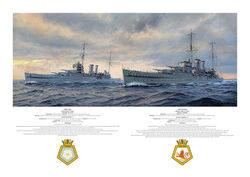 HMS York and HMS Exeter at sea showing port side, evening sky snd ship's crests.