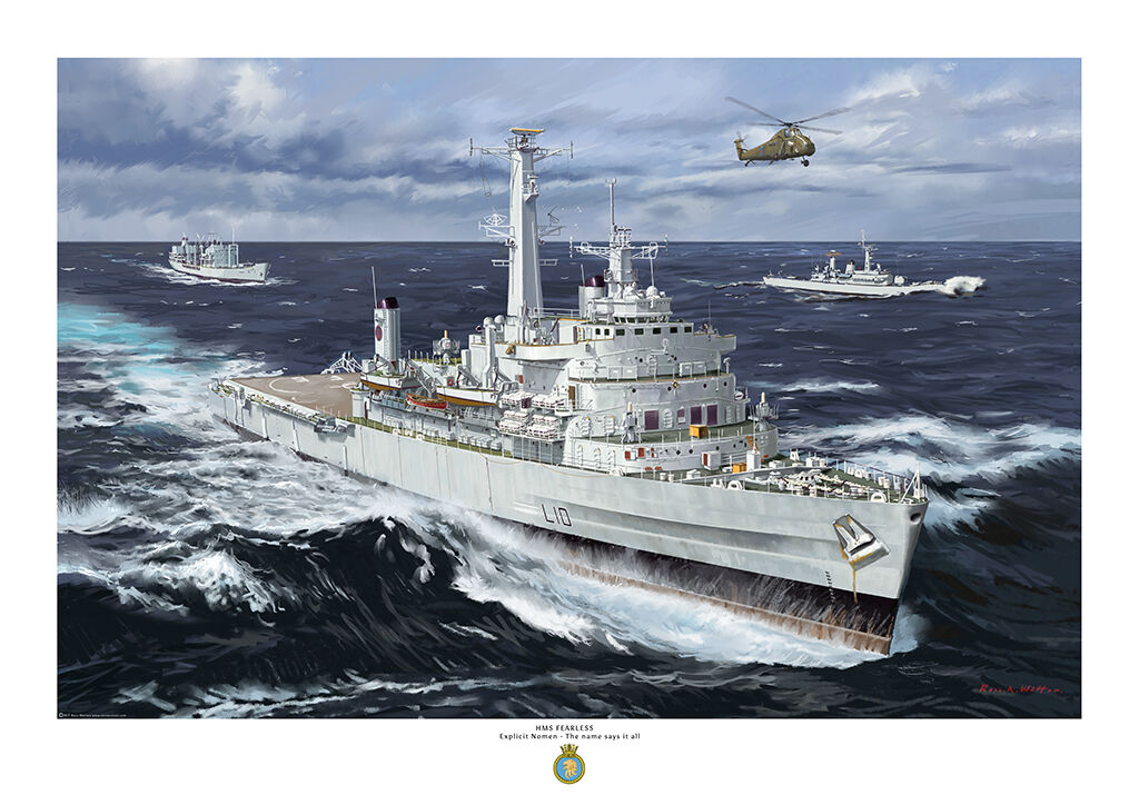 HMS Fearless in a heavy sea accompanied by other Royal Naval ships.