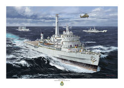 HMS Fearless in a heavy sea accompanied by other Royal Naval ships.