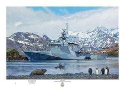 HMS Forth alongside at King Edward Point South Georgia with penguins in the foreground