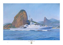 HMS Forth sailing into Rio de Janeiro with Sugar Loaf mountain and Christ the Redeemer in the background.
