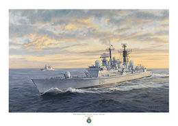 HMS Gloucester HMS Gloucester against an evening sky lit by rays from the sun and a Type 45 destroyer behind.