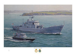 HMS Guernsey with HMS Express sailing off Milford Haven with headland in the background.