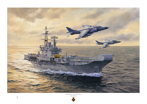 oil painting of HMS Hermes with a sunset and two Sea Harrier jets flying over