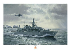 HMS Iron Duke HMS Iron Duke at sea off the Needles with sun breaking bursting through the clouds and sparkling on the water.