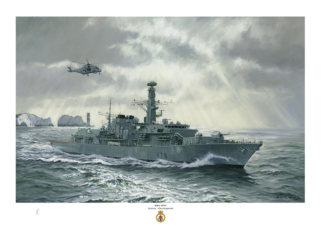 HMS Kent at sea off the Needles IOW starboard view in her Sea Ceptor missile appearance, with rays of sunlight behind and glittering sea.