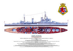 Starboard side view and aerial plan of HMS Kenya, with ship's crest, ship's particulars and history