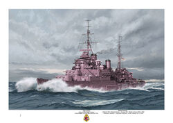 HMS Kenya thundering through a rough green sea showing her dark Mountbatten pink camouflage in a port bow aspect.