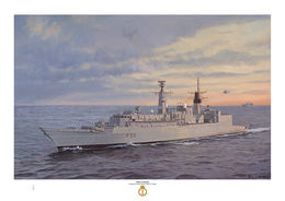 HMS London HMS London port bow view with evening sky and moderate sea and approaching Lynx helicopter.
