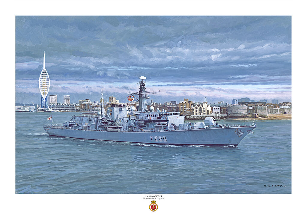 HMS Lancaster departing Portsmouth harbour, with a heavy sky overhead.