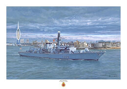 HMS Lancaster HMS Lancaster departing Portsmouth harbour, with a heavy sky overhead.