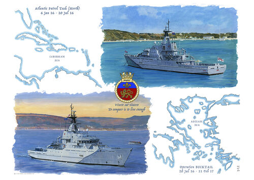 HMS Mersey illustration showing a map of the Aegean and another of the Caribbean with two views of the ship operating in these waters with the ship's crest in the centre.