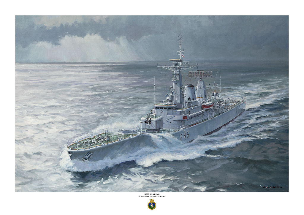 HMS Minerva in a rough green sea with water going over the bow and sunlight shining on the water.